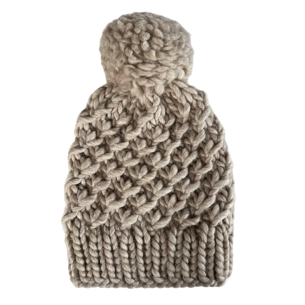 Handmade Chunky Knit Beige Pom Pom Beanie‎